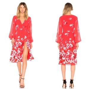 Privacy Please Red Floral Wrap Dress Long Sleeve Midi V-Neck XS NWT